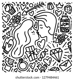 Romantic couple kissing. Doodle style hand drrawn concept for Valentine's Day. Girl and boy. Love card. Stock vector