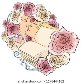 Romantic couple kissing on the background of a book and flowers. Sweet kiss in roses is a great illustration for book, magazine, wedding book, invitation, wedding decoration, valentine, greeting card