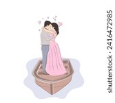 Romantic couple kissing on boat hand drawn vector illustration on white background. Valentine day concept.