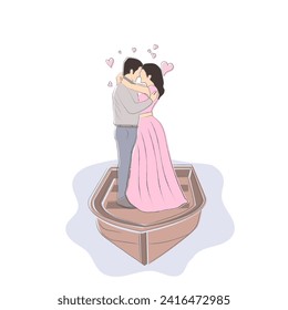 Romantic couple kissing on boat hand drawn vector illustration on white background. Valentine day concept.