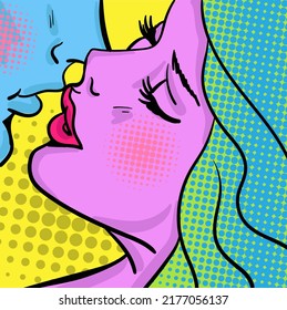 Romantic couple kissing in retro pop art style. Hand-drawn vector illustration.