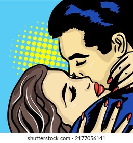 Romantic couple kissing in retro pop art style. Hand-drawn vector illustration.