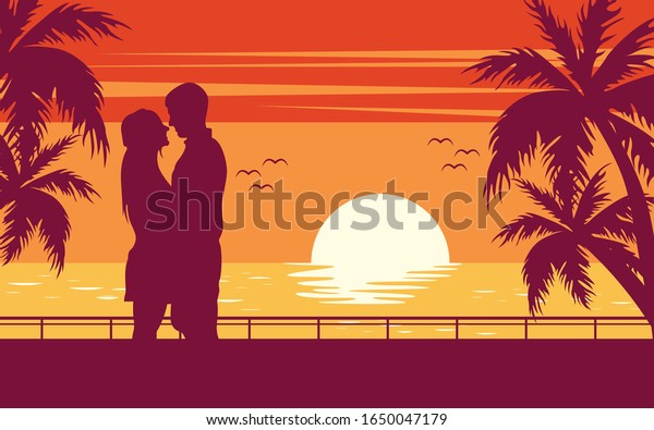 Couple kissing romantic wallpaper for bedroom, sunset coconut tree paradise beach, vector illustration.