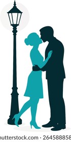 Romantic Couple Kissing Under Street Lamp Silhouette