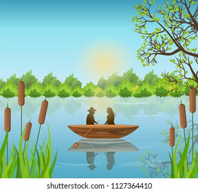 Romantic couple Lake background Vector illustrations