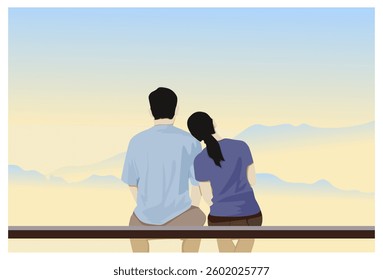 Romantic couple, leaning against each other enjoying the beauty of the mountains from above the clouds, suitable for background, wall decoration, frame.