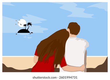 Romantic couple, leaning on each other enjoying the beauty of the beach, daytime scenery, beach, island, flying birds, suitable for background, wall decoration, frame.