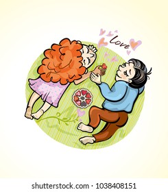 Romantic couple lies on a green blanket. Vector cartoon illustration. Love and hearts and sweets.