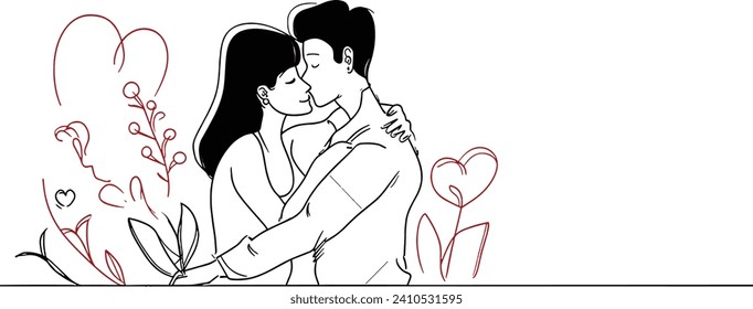 Romantic couple line art vector, Valentine concept, love illustration, romantic partners, relationship art, Valentine's Day graphic, romantic silhouette, couple in love, dating concept