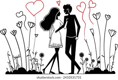 Romantic couple line art vector, Valentine concept, love illustration, romantic partners, relationship art, Valentine's Day graphic, romantic silhouette, couple in love, dating concept