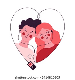 Romántica pareja escuchando música con un reproductor de audio. Pareja enamorada el 14 de febrero. Ilustración vectorial del día de San Valentín