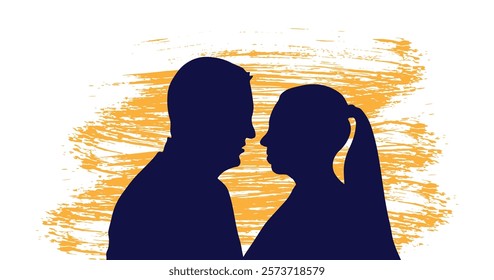 A romantic couple looking at each other against the background of an orange brush stroke. Vector illustration
