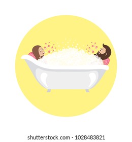 Romantic couple in love in a bathrub taking bubbled bath.