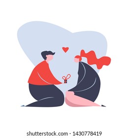 Romantic couple, love, betrothal, relationship and dating concept. Man gives woman little gift. Vector