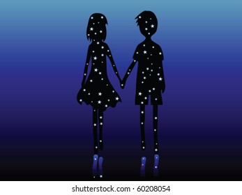 Romantic couple. Love the boy and girl.  Starry sky.