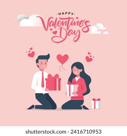 Romantic Couple in Love Celebrating Valentine's Day they gifting each other