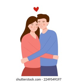 Romantic couple in love concept vector illustration. Man and woman sweet hugging in flat design on white background.