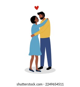 Romantic couple in love concept vector illustration. Black man and woman sweet hugging in flat design on white background.