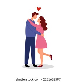 Romantic couple in love concept vector illustration. Man and woman sweet hugging in flat design on white background. Valentine day.