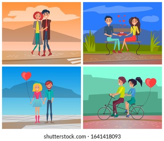 Romantic couple in love dating vector set. Lovers characters in relationships hugging, giving heart shaped present box, cycling on double bike together