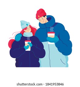 Romantic couple in love drinking a winter hot drink in glass. Young man and woman in down jackets and wool hats holding coffee or tea in their hands. Cartoon vector illustration on a white background