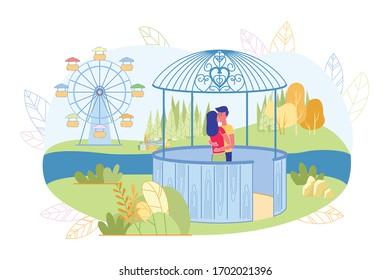 Romantic Couple in Love Embracing and Kissing at City Entertainment Park Background. Summer Landscape with Man and Woman Cartoon Characters Demonstrating Tender Relationship. Flat Vector Illustration.