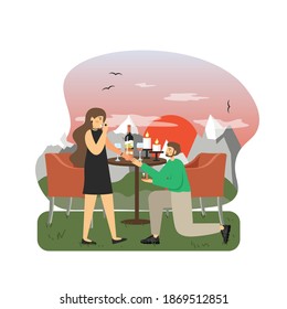 Romantic couple in love having dinner at restaurant. Young man kneeling, holding engagement ring and making marriage proposal to woman, flat vector illustration. Love and romance. Wedding proposal.