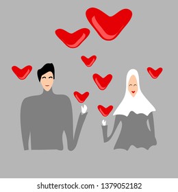 Romantic couple in love with hearts floating