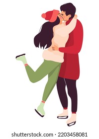 Romantic couple in love, hugging and kissing at skating rink. Winter fashion woman and man, holiday themed illustration for postcard design.