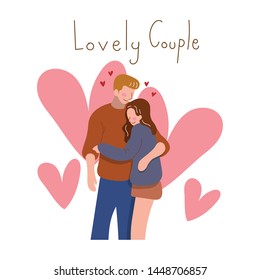 Romantic couple love hugging with a lovely. Use for Greeting cards, wedding invitation. Concept relationships, honeymoon, marriage, first dating theme and valentine's day. Illustration vector.