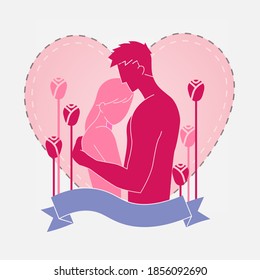 Romantic couple of love hugging with a lovely each other's hand under pink heart and rose. Concept Love destiny, relationships, first dating theme and Valentine's day. Vector illustration.