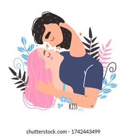 Romantic couple in love kissing. World kissing Day. Vector illustration