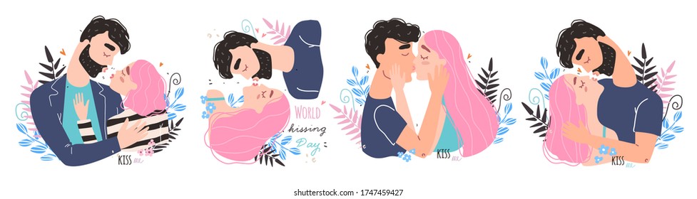 Romantic couple in love kissing. World kissing Day. Vector illustration