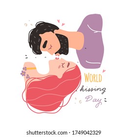 Romantic couple in love kissing. World kissing Day. Vector illustration