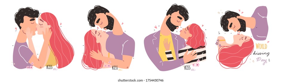 Romantic couple in love kissing. World kissing Day. Vector illustration