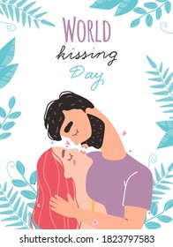 Romantic couple in love kissing. World kissing Day. Vector illustration