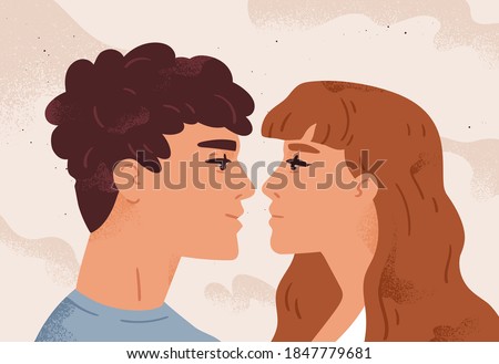 Romantic couple in love looking at each other. Portrait of enamored characters. Cute young man and woman together. Romance and passion in relationship. Flat vector cartoon illustration