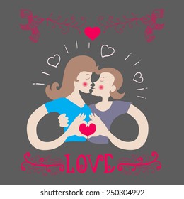 Romantic couple in love make kiss and heart shape by hands illustration