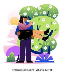 Romantic couple in love, man carrying woman in arms, surrounded by blooming trees and abstract foliage, flat style on white background. Vector illustration