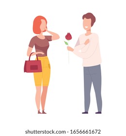 Romantic Couple in Love, Man Giving Flower to Happy Surprised Woman Flat Vector Illustration