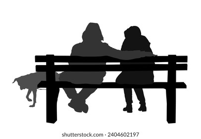 Romantic couple in love on bench with dog on leash vector silhouette illustration isolated on white. Winter lovers girl boy and pet friend, sitting in park. Hug love and togetherness in relationship. 