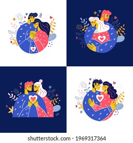 Romantic couple in love set. Two hugging lovers. Portrait of young man and woman in relationship. Partners together. Boyfriend and girlfriend. Love story, wedding vector illustration.