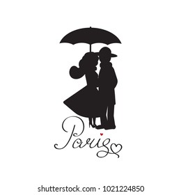 Romantic couple in love under umbrella vacation in Paris. Silhouette vector illustration of enamored man and woman pair on date.