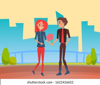 Romantic couple in love walking together. Woman with flowers and man holding hands. Lovers characters in relationships dating. Girlfriend and boyfriend vector