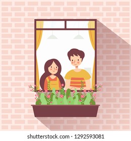 Romantic Couple in Love at  the Window on Brick Wall Background Cute Character Illustration Vector