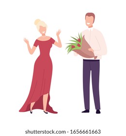 Romantic Couple in Love, Young Man Giving Bouquet of Flowers to Happy Beautiful Woman in Red Party Dress Flat Vector Illustration