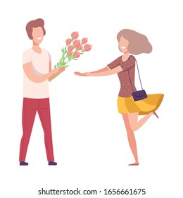 Romantic Couple In Love, Young Man Giving Bouquet Of Flowers To Happy Beautiful Woman Flat Vector Illustration