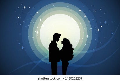 Romantic couple lover look each other under the moonlight and star in vacation  isolated on blue background. Concept Love destiny, relationships, first dating theme and Valentine's day. Illustration.