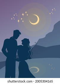 Romantic couple lover look each other on the hill in the night under half moon night with stars and cloud. Concept Love destiny, relationships, first dating theme and Valentine's day. Illustration vec