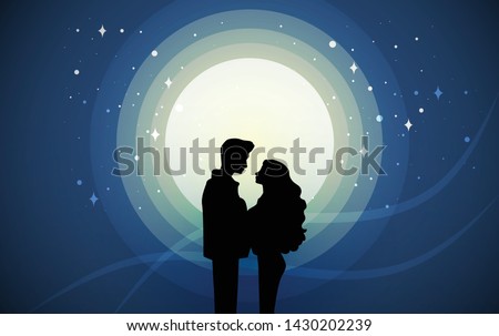 Romantic couple lover look each other under the moonlight and star in vacation  isolated on blue background. Concept Love destiny, relationships, first dating theme and Valentine's day. Illustration.